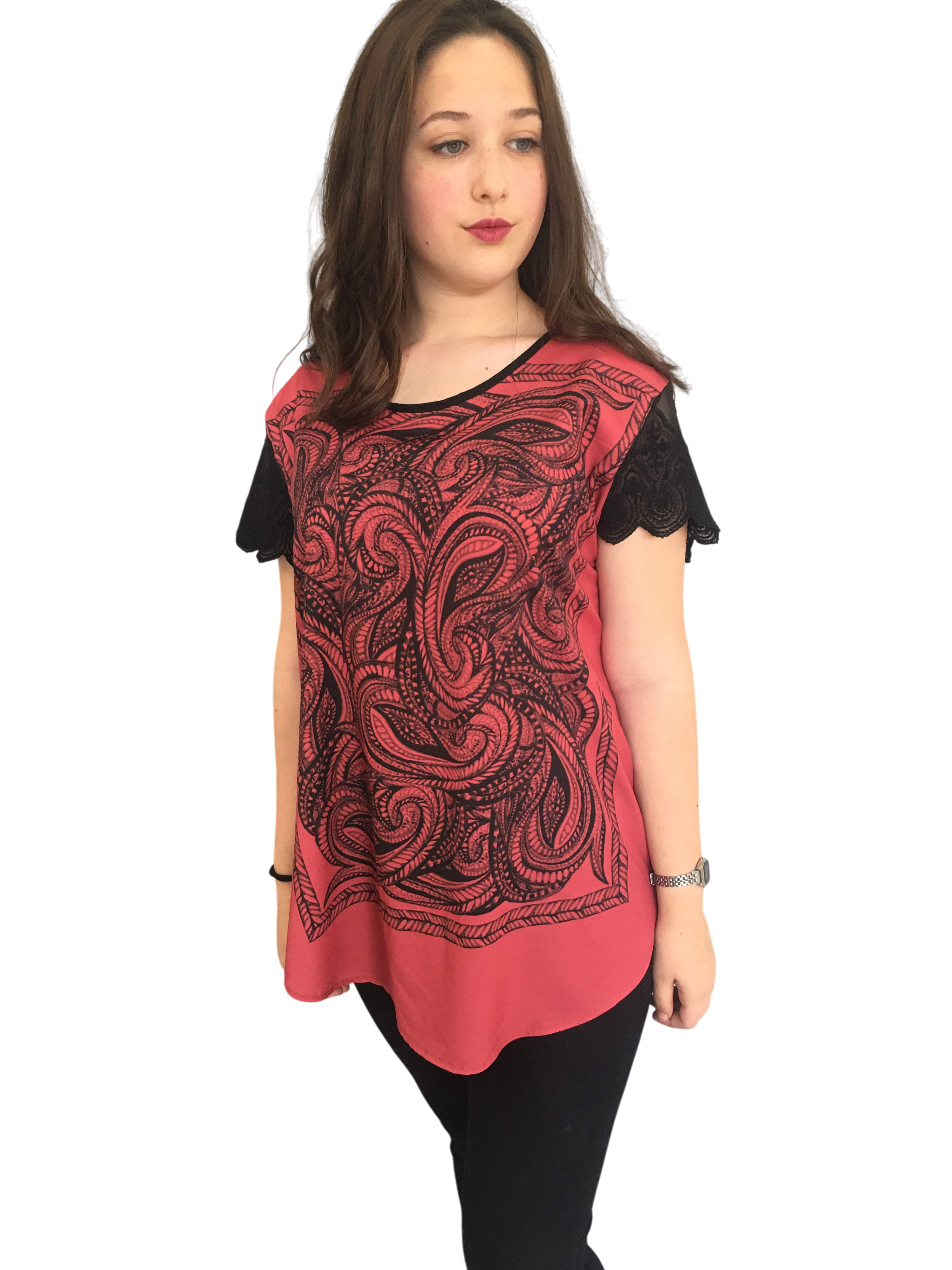 DİJİTAL BASKILI  DANTEL KOLLU BLUZ